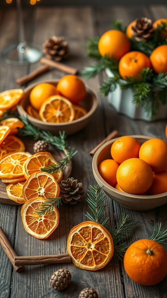 Festive Orange Christmas Decorations A festive arrangement of oranges and dried orange slices used in Christmas decorations on a wooden table.